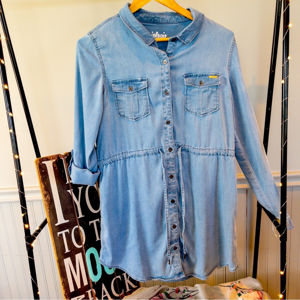 Jeaniologie Light Denim Jumper Drawstring Waist & Button Roll-Up Sleeves Size M